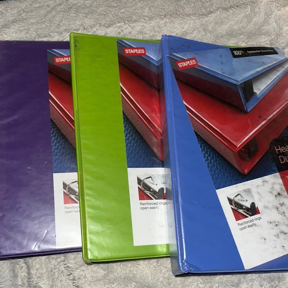 Staples Heavy Duty Binders - Purple, Green, Blue.